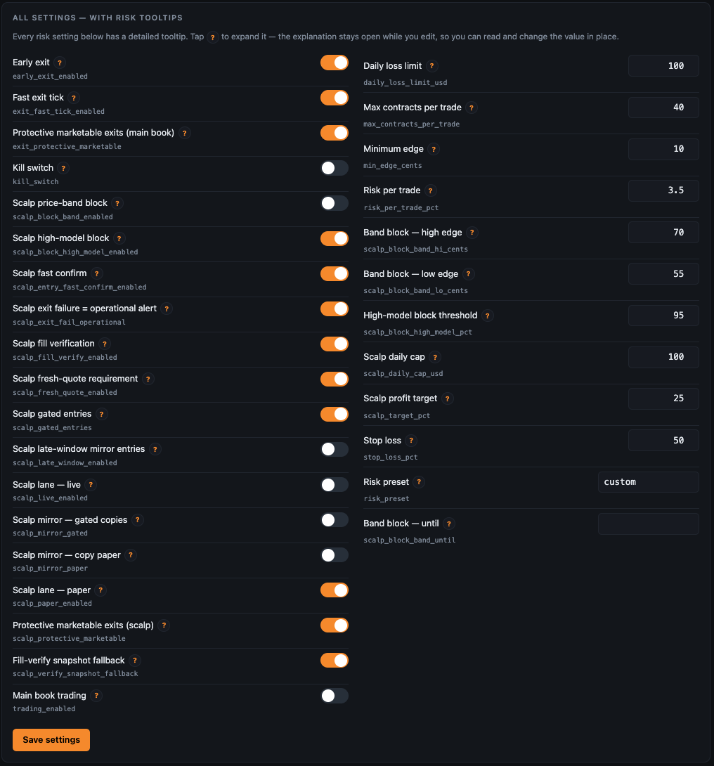 Satoshi Scalp dashboard - Settings tab with every risk setting