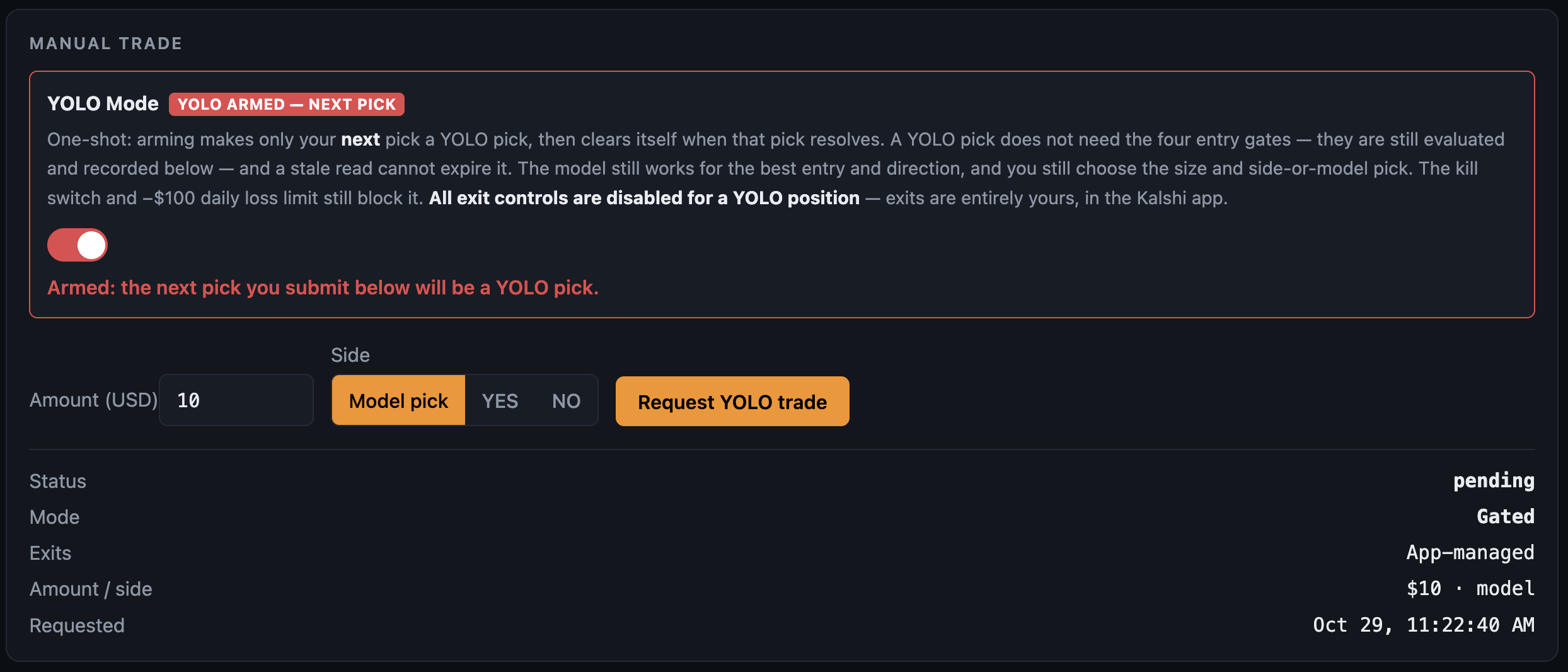 Satoshi Scalp dashboard - Manual Trade panel with YOLO Mode armed